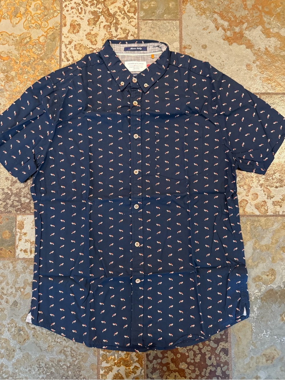Denim & Flower Navy Short-Sleeve Button-Down with Foxes
